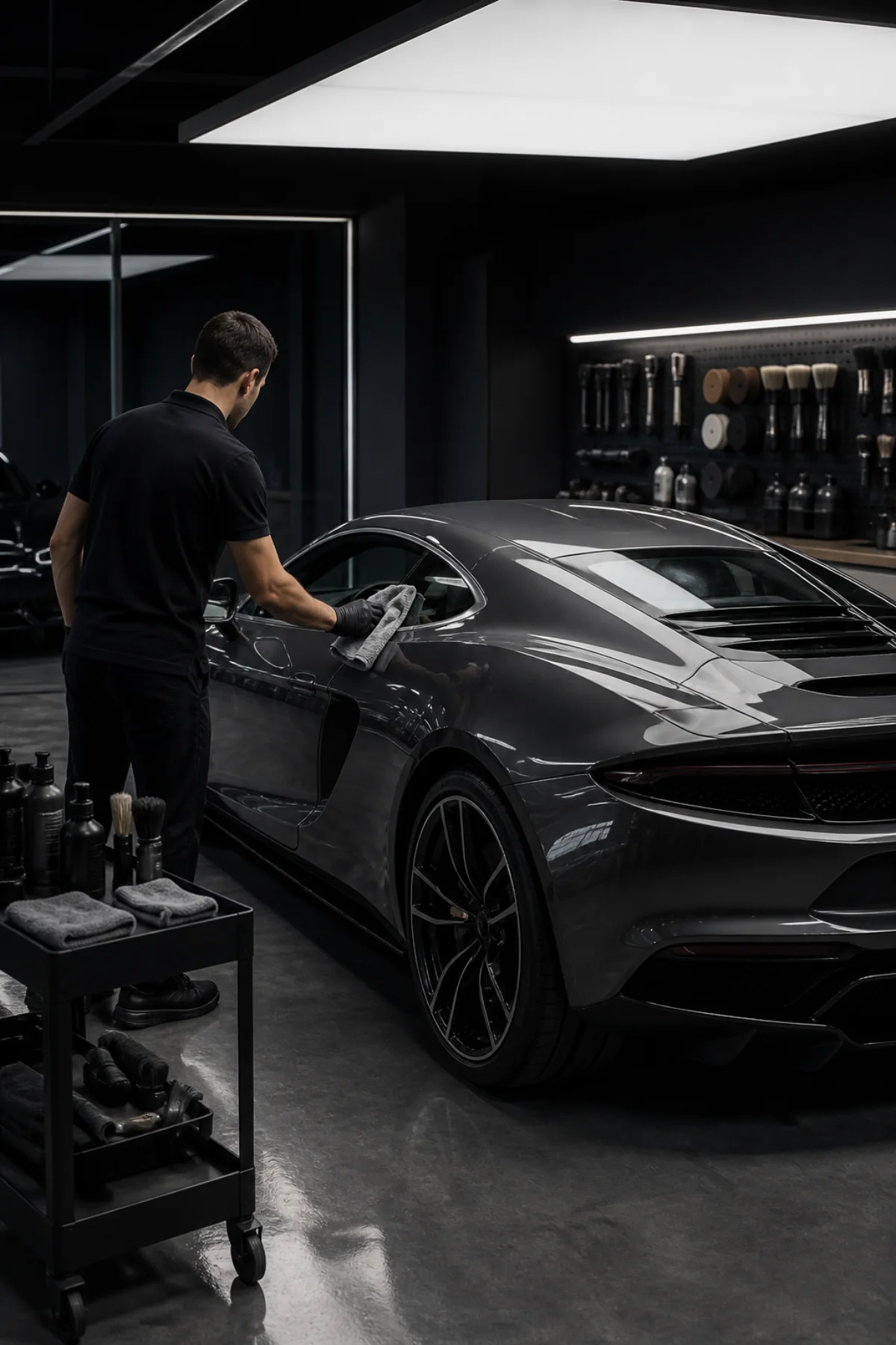 Detailing bay at a supercar dealership