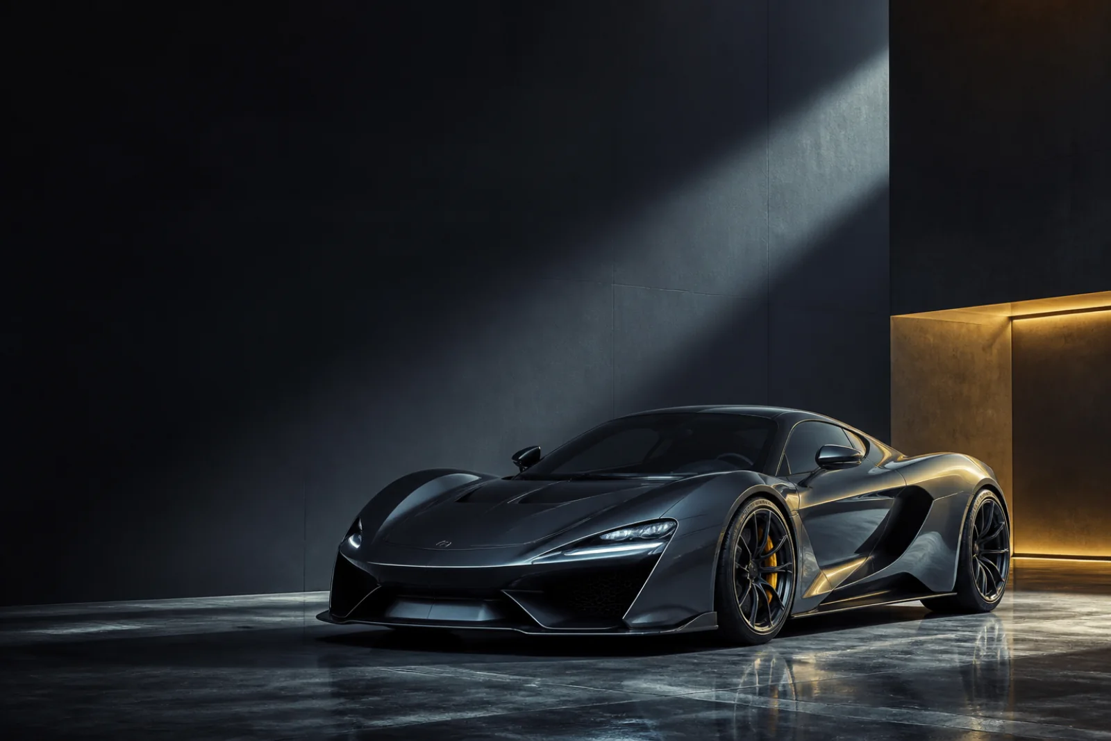 A low-slung supercar under studio light